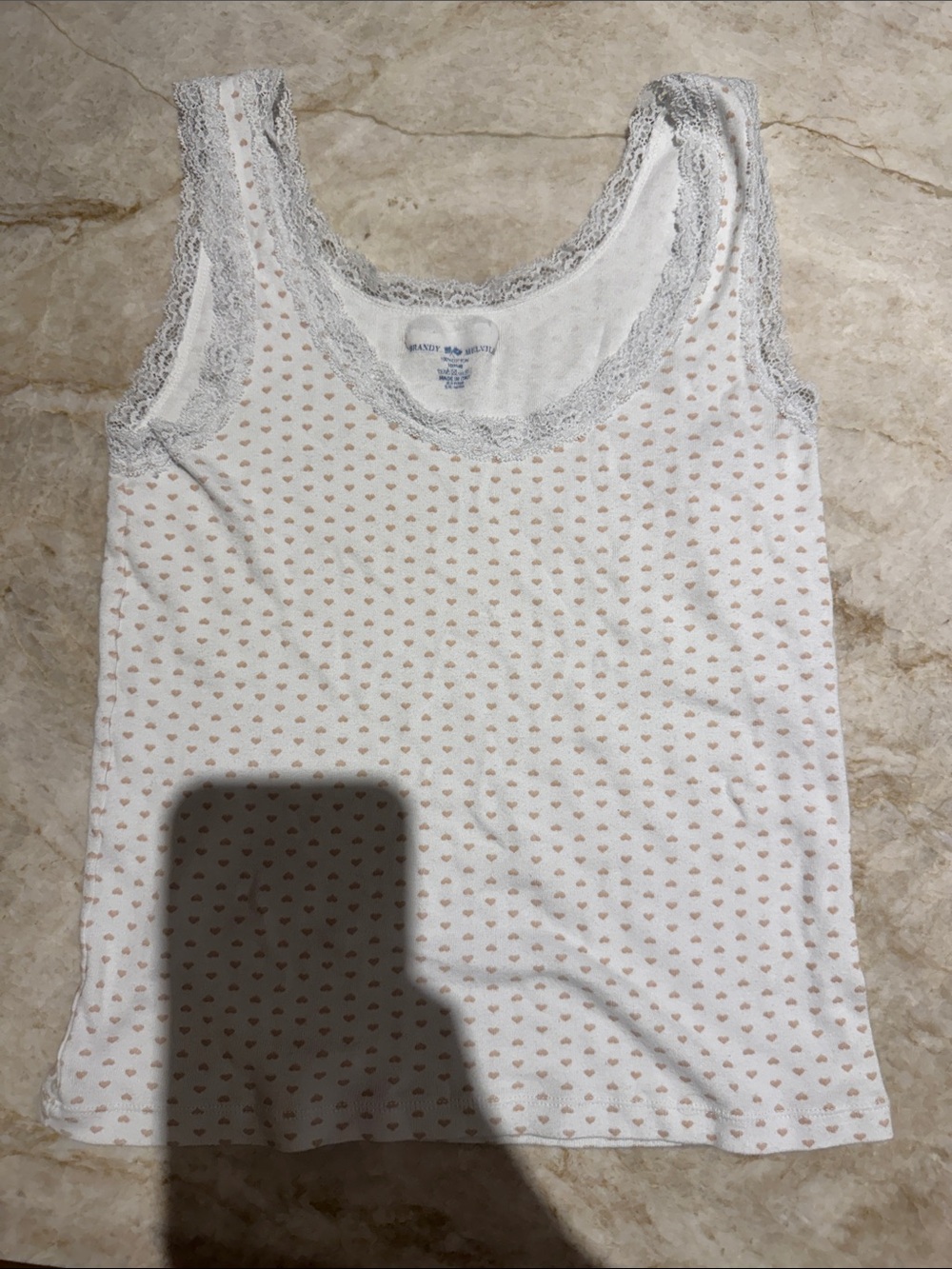Jockey White Tank with Pink Micro-Heart Print and Gray Lace Trim